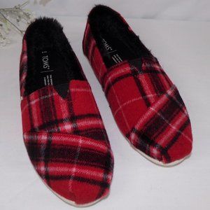 Toms Alpargata Red Plaid Faux Fur Espadrille Flats Women's Size 8